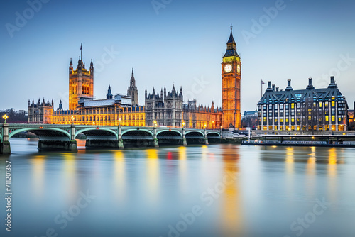 London UK skyline aerial view of Big Ben clock on a beautiful clear day at sunset	

