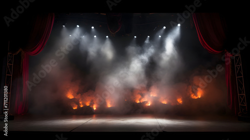 Stage light background with red spotlight illuminated the stage with smoke and fire. Empty stage for show with backdrop decoration.