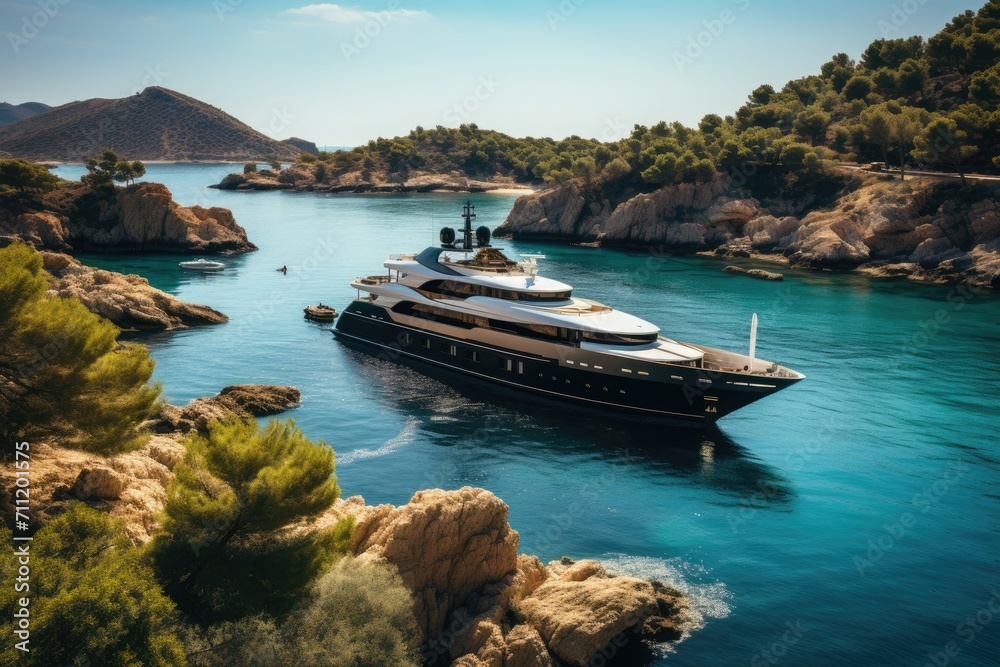 Luxury yacht docked on the shore of the Mediterranean Sea, luxury cruise ship going out to sea in summer, private yacht docked on the shore