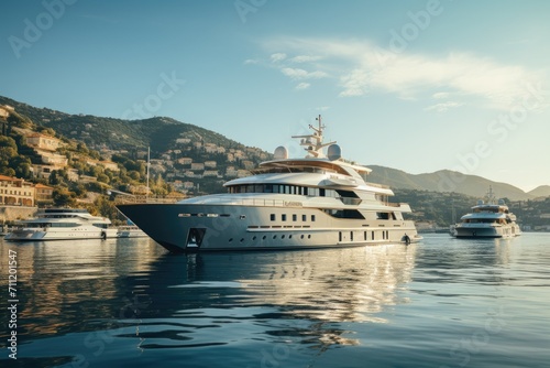 Luxury yacht docked on the shore of the Mediterranean Sea, luxury cruise ship going out to sea in summer, private yacht docked on the shore © shuping zhao