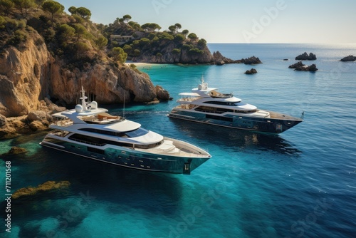 Fototapeta Naklejka Na Ścianę i Meble -  Luxury yacht docked on the shore of the Mediterranean Sea, luxury cruise ship going out to sea in summer, private yacht docked on the shore