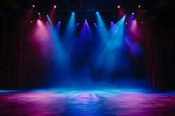 Stage light background with blue and purple spotlight illuminated the stage with smoke. Empty stage for show with backdrop decoration.