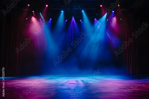 Stage light background with blue and purple spotlight illuminated the stage with smoke. Empty stage for show with backdrop decoration.