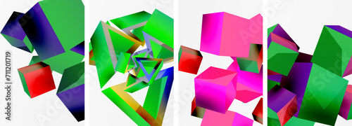 Flying 3d shapes, cubes and other geometric elements background design for wallpaper, business card, cover, poster, banner, brochure, header, website