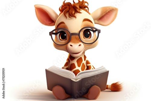 3d rendered illustration of giraffe cartoon character with glasses reading book photo