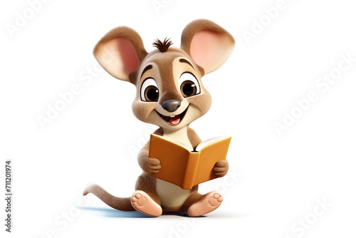 Cute cartoon kangaroo with a book isolated on white background