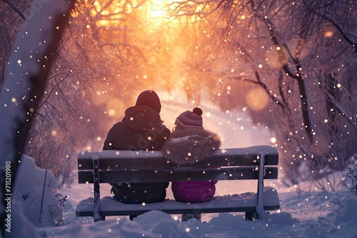 Winter Love: Tender Family Moment on Snow-Covered Bench in Romantic Sunset Glow, a heartwarming scene as a cute toddler, joined by a couple, sits on a snow-covered bench.