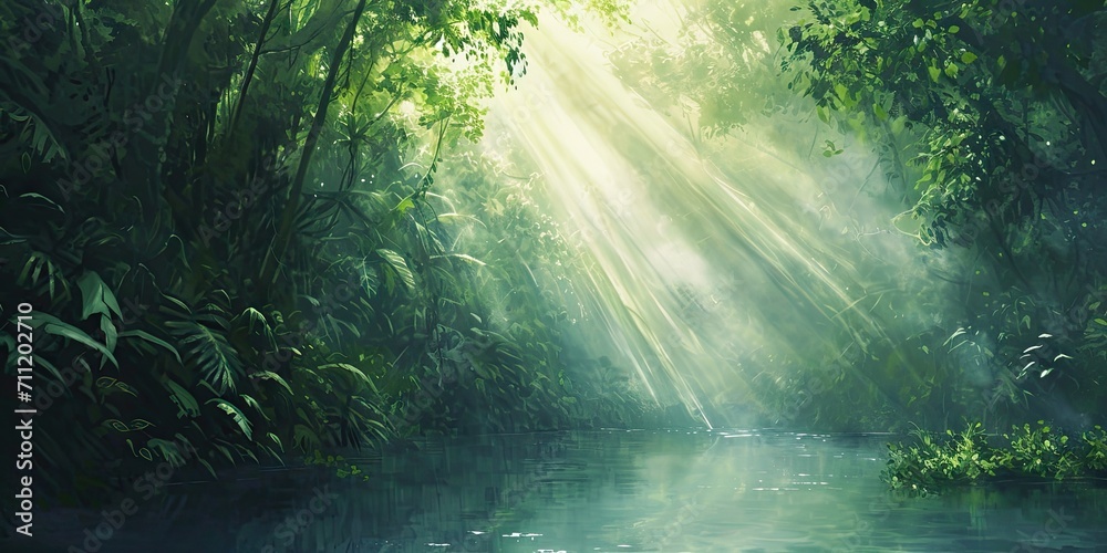 Obraz premium Enchanted woodlands. Serene capture of forest bathed in gentle morning sunlight reflecting in tranquil river ideal nature landscape and scenic collections