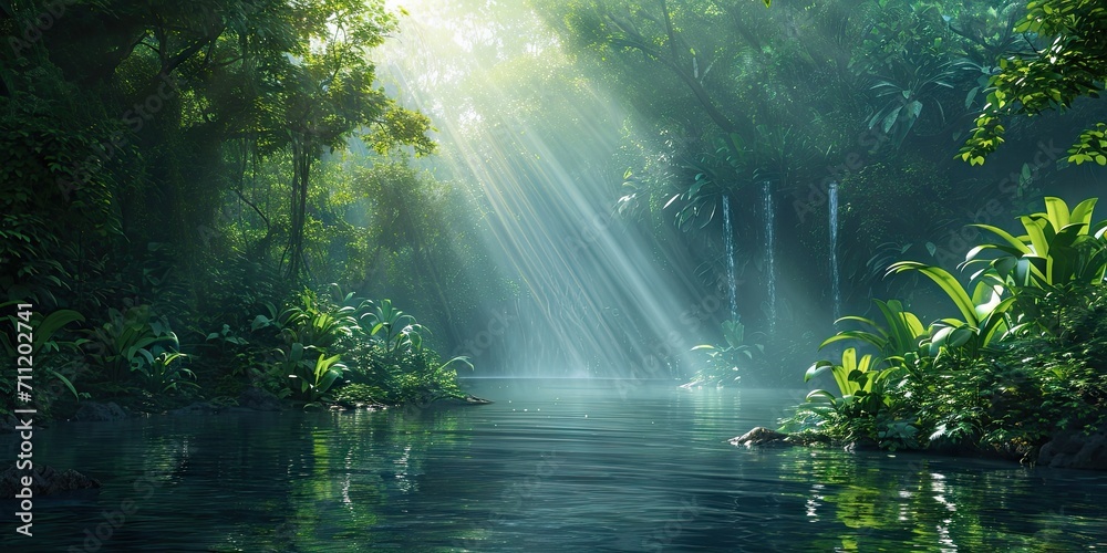 Obraz premium Enchanted woodlands. Serene capture of forest bathed in gentle morning sunlight reflecting in tranquil river ideal nature landscape and scenic collections