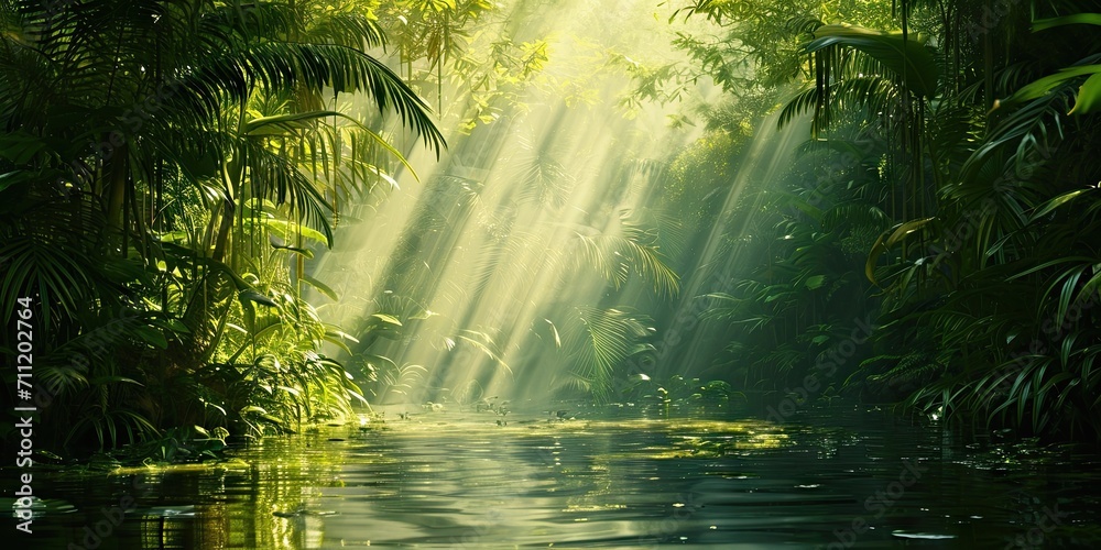 Enchanted woodlands. Serene capture of forest bathed in gentle morning sunlight reflecting in tranquil river ideal nature landscape and scenic collections Enchanted woodlands. Serene capture of forest bathed in gentle morning sunlight reflecting in tranquil river ideal nature landscape and scenic collections