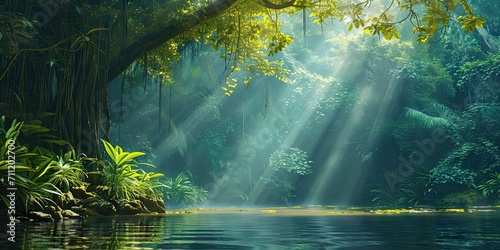 Enchanted woodlands. Serene capture of forest bathed in gentle morning sunlight reflecting in tranquil river ideal nature landscape and scenic collections