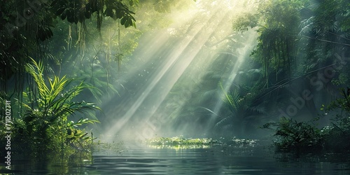Enchanted woodlands. Serene capture of forest bathed in gentle morning sunlight reflecting in tranquil river ideal nature landscape and scenic collections © Thares2020