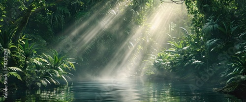 Enchanted woodlands. Serene capture of forest bathed in gentle morning sunlight reflecting in tranquil river ideal nature landscape and scenic collections © Thares2020