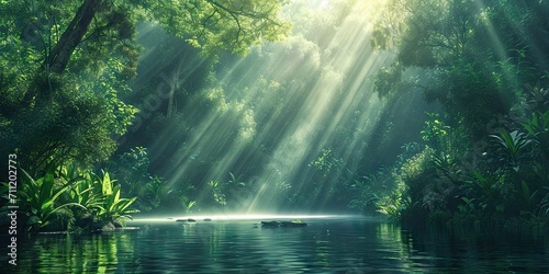 Enchanted woodlands. Serene capture of forest bathed in gentle morning sunlight reflecting in tranquil river ideal nature landscape and scenic collections © Thares2020