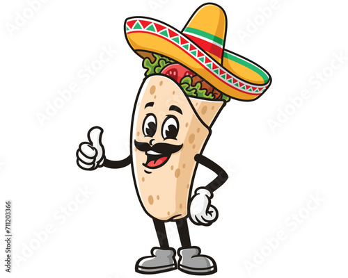Burrito with a mustache and wearing a sombrero, Mexican hat cartoon mascot illustration character vector clip art logo hand drawn