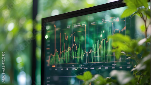 financial graphs on transparent screen with green plants background photo