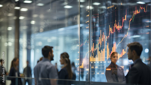 financial graphs on transparent screen with humans blurred background photo