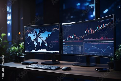 monitors showing stock trading chart on cyber space theme