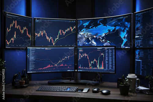 monitors showing stock trading chart on cyber space theme
