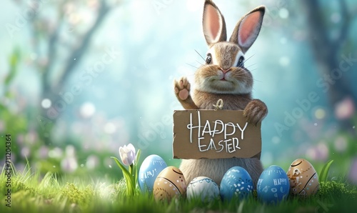 Joyful Easter Bunny Welcomes Spring with Open Arms,the spirit of celebration, love, and the joyous arrival of spring, making it an ideal representation for Easter-themed content and greetings.