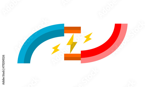 Blue and red broken electric cable wire short circuit icon flat vector design