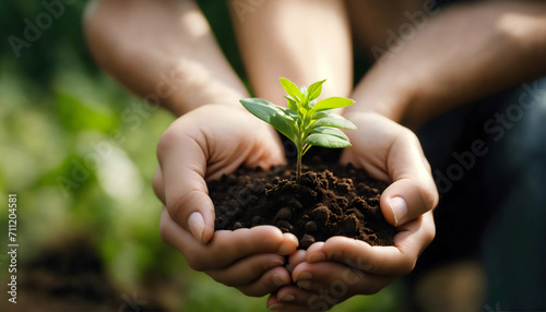 closeup on Hands together holding small plant 