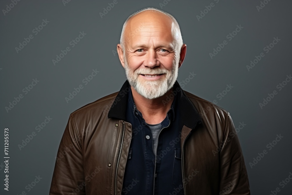 Portrait of a smiling senior man in a leather jacket over grey background.