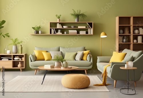 living room interior design with green walls, in the style of soft pastel palette, american studio craft movement, nature-inspired compositions photo