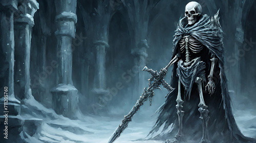 A close up of a skeleton sitting on a throne with a staff, A skeleton knight warrior carrying blade