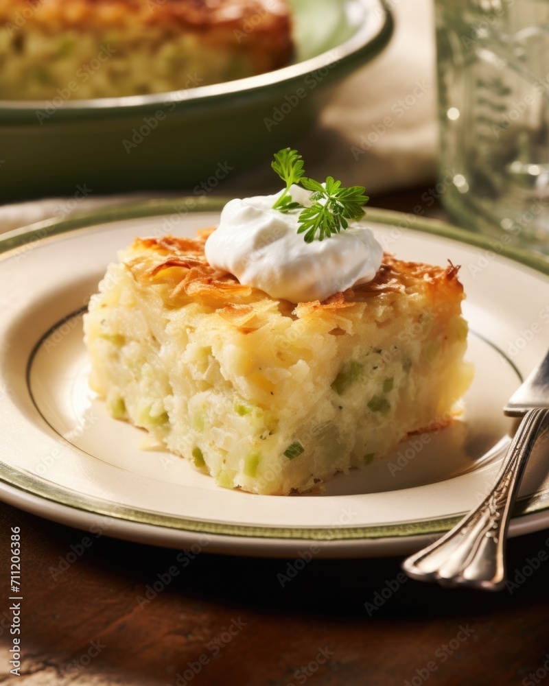 A serving of potato kugel, paired with a dollop of creamy sour cream, creating a delightful combination of textures and flavors. A serving of potato kugel, paired with a dollop of creamy sour cream, creating a delightful combination of textures and flavors.