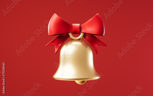 Golden bell and red bow-knot, 3d rendering.