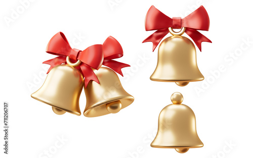 Golden bell and red bow-knot, 3d rendering.
