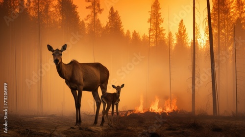 Amidst the chaos of a burning forest, a protective moose cow leads her frightened calf to safety © Liaisan
