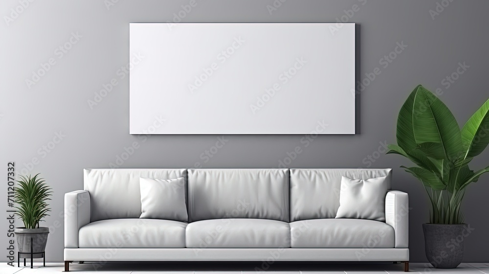 Photo with copy space of a sofa, big art and a house plants in a modern home decoration. Part of the interior in a minimalist style against the background of a dark gray concrete wall. Photo with copy space of a sofa, big art and a house plants in a modern home decoration. Part of the interior in a minimalist style against the background of a dark gray concrete wall.