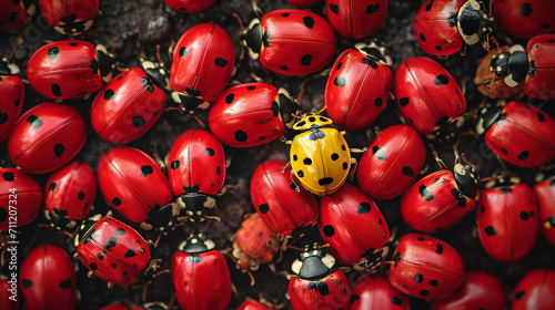 Amidst a group of red ladybugs, a lone yellow ladybug stands out like a sunbeam. Its bright hue creates a lively contrast, a charming anomaly in the sea of red spots.