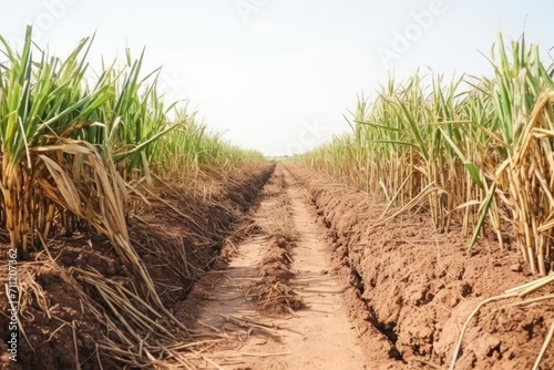 Empty ground road across large sugarcane plantation at summer Asian farmland site photo