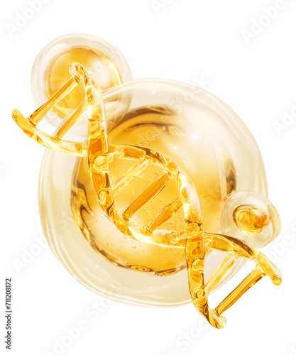 DNA and golden liquid bubble, 3d rendering.