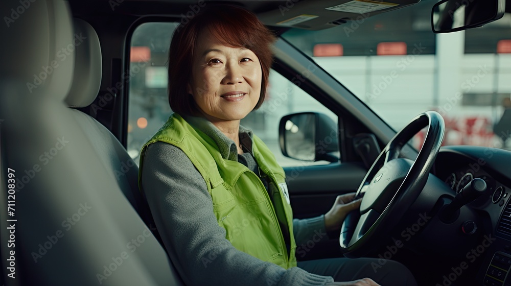 An Asian woman driving a lorry.