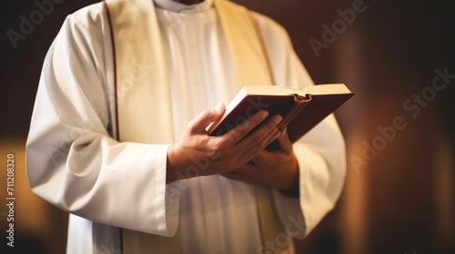 Catholic priest in black robe holds Holy Bible standing in old rural church closeup photo