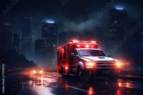 Call 911. Emergency ambulance car fast driving on night city downtown district with motion blur. © Stavros's son