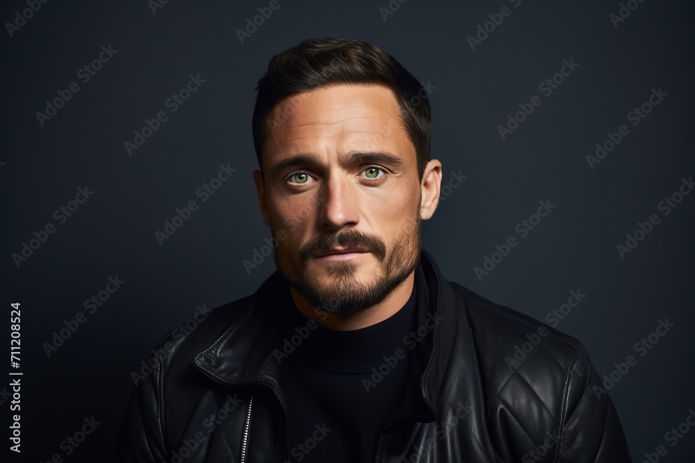 Portrait of a handsome man in a black leather jacket. Men's beauty, fashion.