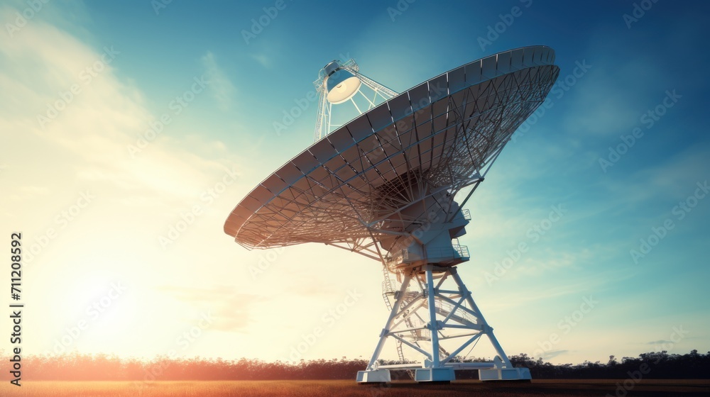 Huge radio telescope aimed directly into sky in middle of deserted desert catching signals