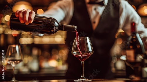 The rich hues of red wine flow gracefully from a waiter's hand, promising a sensory adventure that will leave a lasting impression.