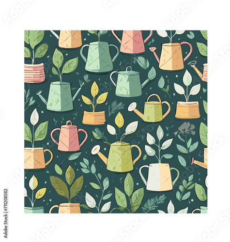 Plants and Watering Cans Seamless Pattern