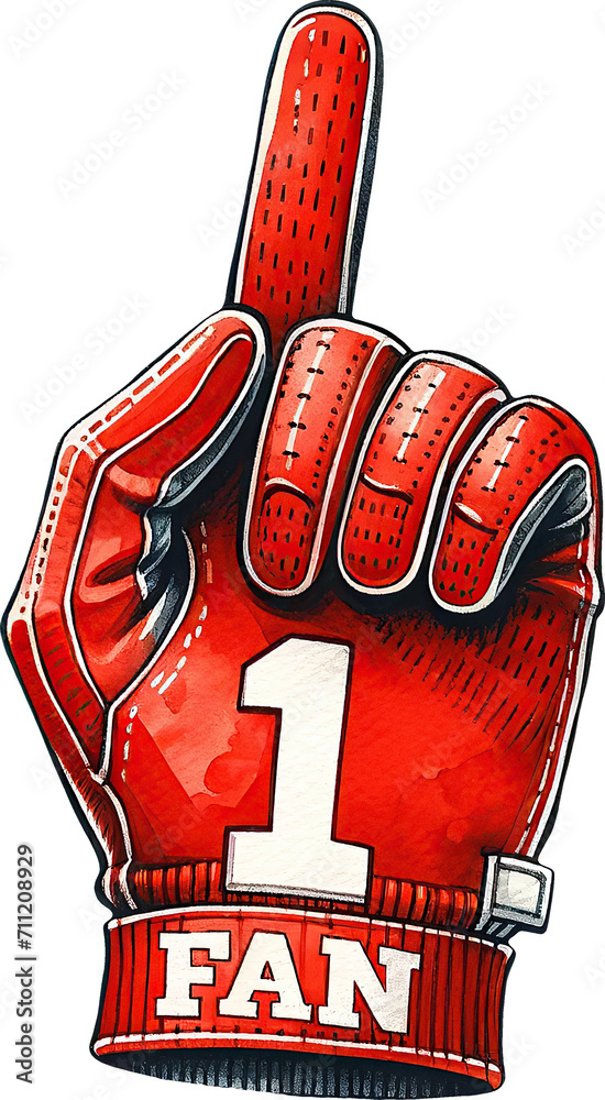 Naklejka premium and in glove showing number one with fan text, red color, detailed illustration, american football style, graphic design element, perfect for sports team