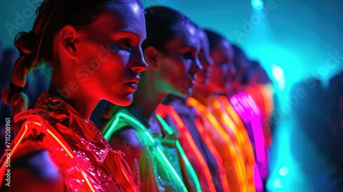A futuristic vibe emanates from the neon fashion runway as models don hightech neon garments