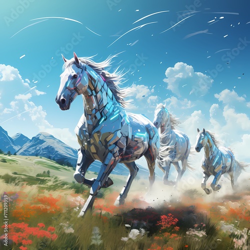 fantasy horses illustration fantasy horses racing through the field with blue sky illustration 