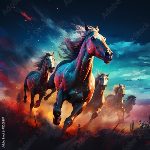 fantasy horses racing through the field during sunset sky illustration 