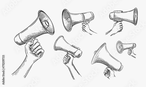 Set of Human hand holding loudspeaker. Vector hand drawn sketch illustration. Megaphone doodle icon, isolated on white background. Advertisement, marketing, referral program concept