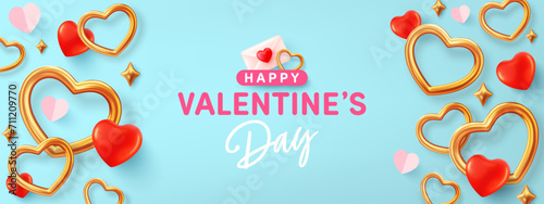 Valentine's day banner template with golden heart shape on blue background.Vector of Valentine's day poster or banner.Greetings and presents for love or Valentine concept.
